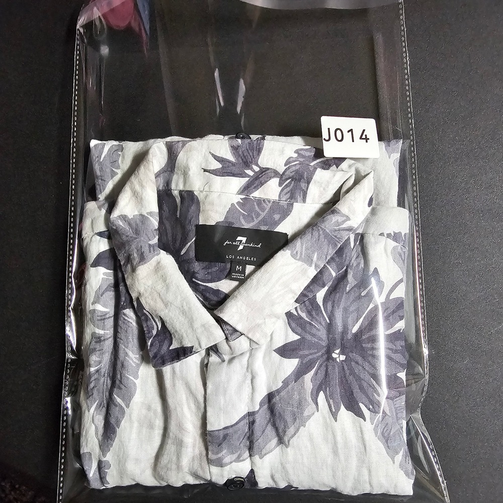7 For All Mankind Men 100% Linen Tropical Floral Short Sleeve Shirt White Purple - Picture 10 of 10